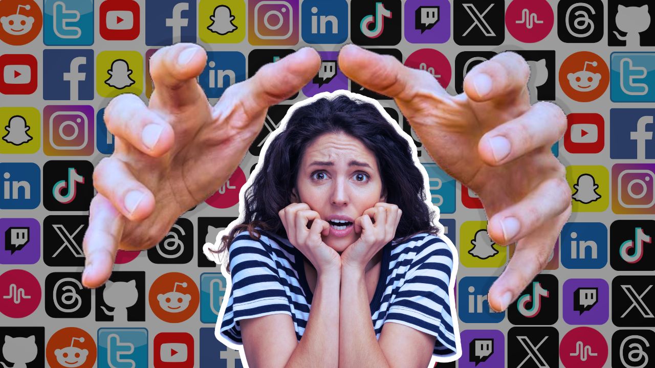 A thumbnail with a woman being grasped by the large hands of social media.